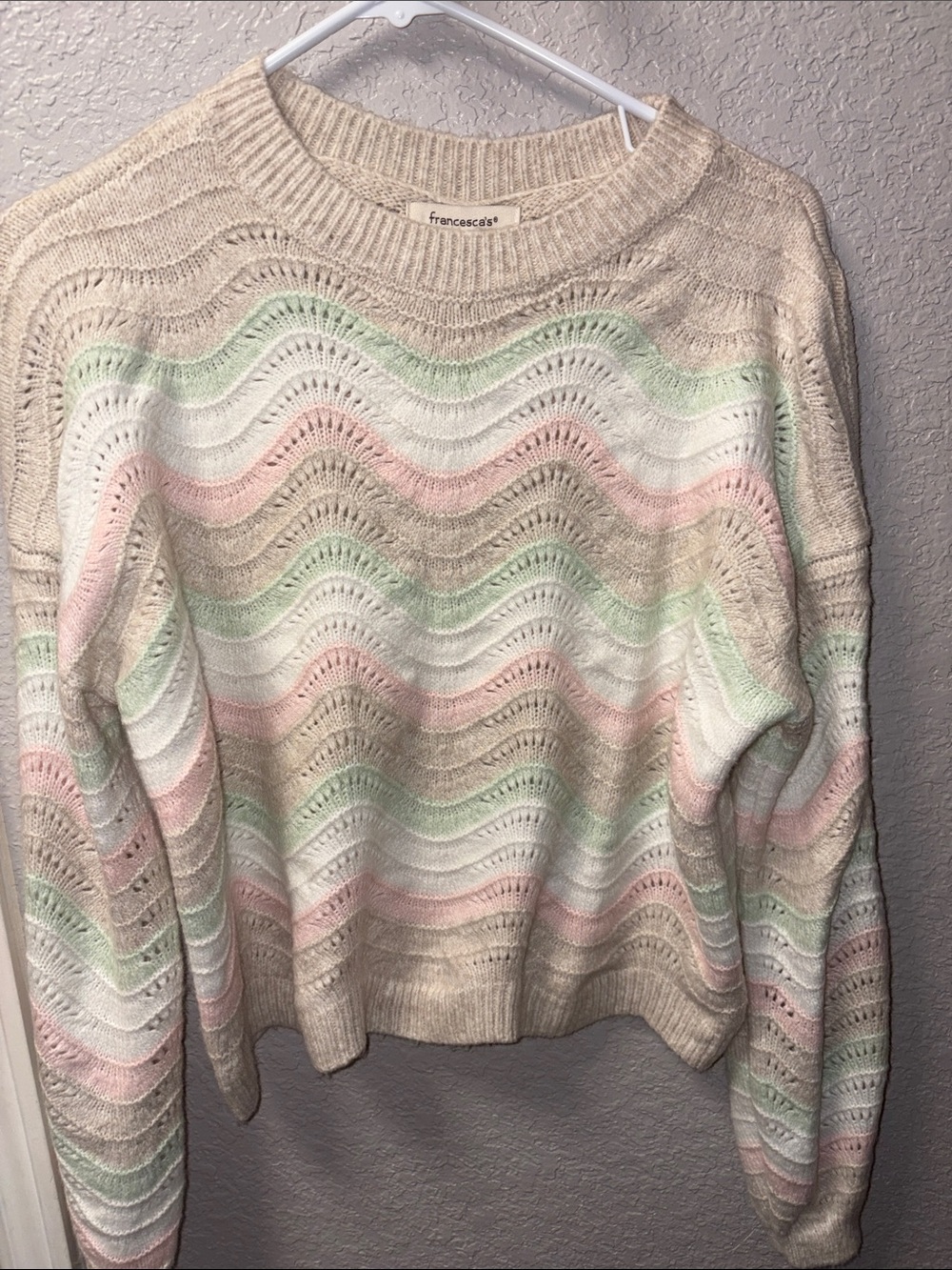 Francesca's Collections Cream Sweater with Pastel Pink & Mint Waves